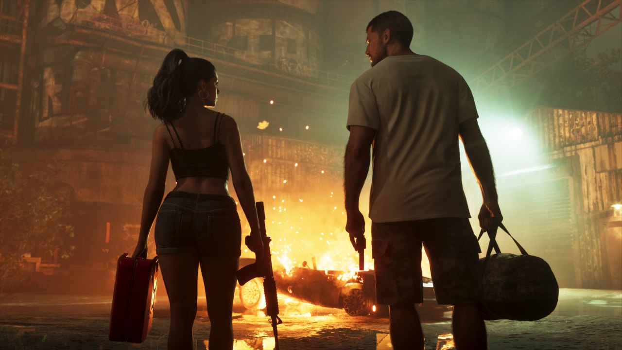Jason and Lucia walking away from an explosion with a duffel bag