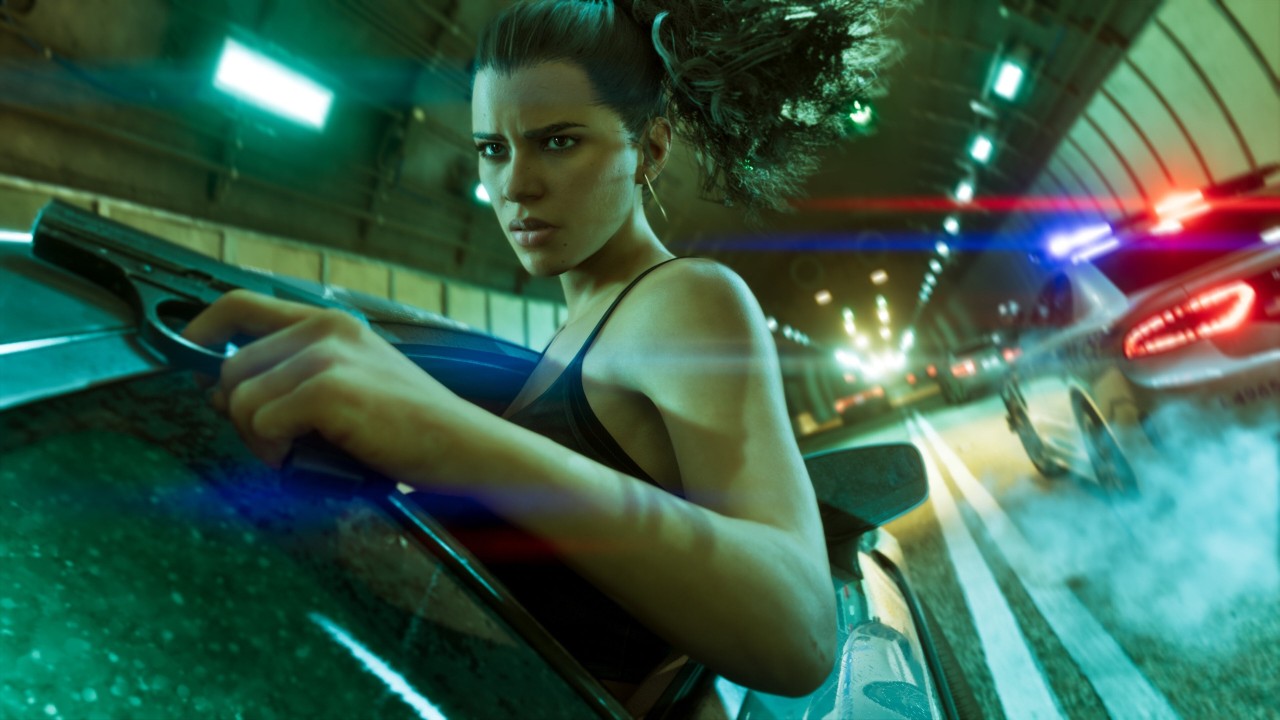 Lucia driving with police lights behind her